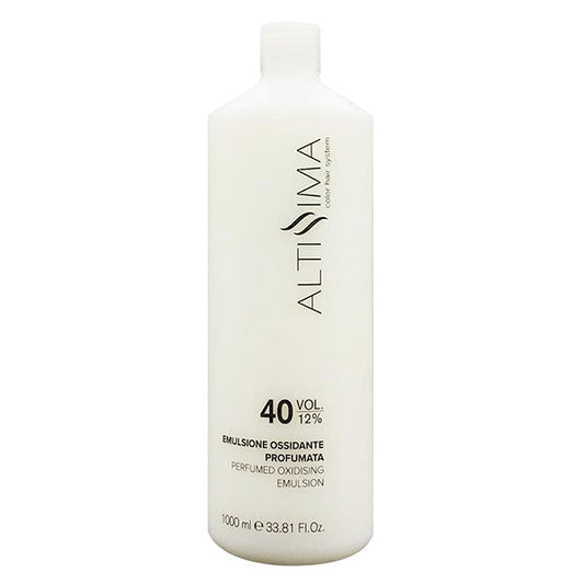 Emulsione ossidante profumata ALTISSIMA 40 volumi, 1000 ml, crema colorante per capelli, contenitore bianco con etichetta minimalista, SKU: TNCALTI.027