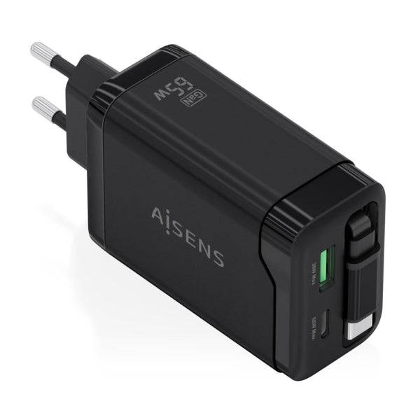 Aisens Caricabatterie GAN 65W - 1xUSB-C PD3.0 e 1xUSB-A QC3.0 + Cavo USB-C Retrattile - Colore Nero