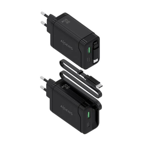 Aisens Caricabatterie GAN 65W - 1xUSB-C PD3.0 e 1xUSB-A QC3.0 + Cavo USB-C Retrattile - Colore Nero