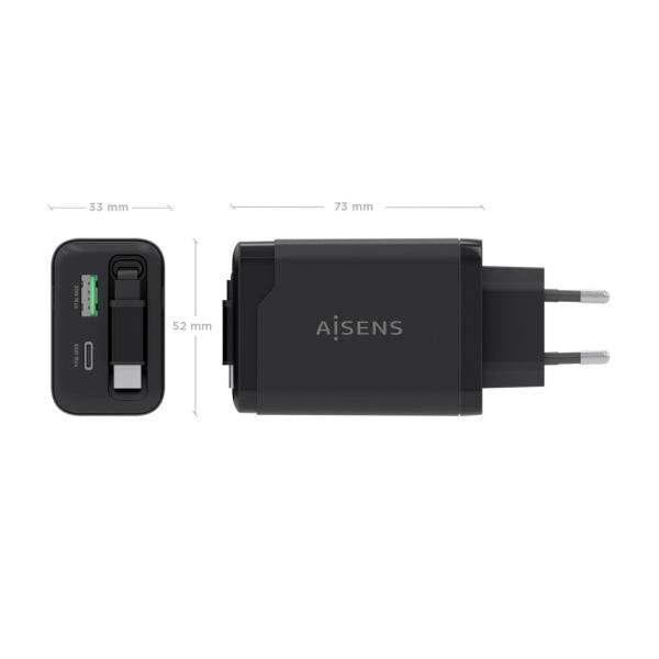 Aisens Caricabatterie GAN 65W - 1xUSB-C PD3.0 e 1xUSB-A QC3.0 + Cavo USB-C Retrattile - Colore Nero