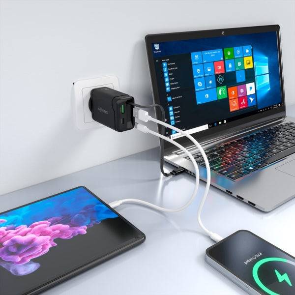 Aisens Caricabatterie GAN 65W - 1xUSB-C PD3.0 e 1xUSB-A QC3.0 + Cavo USB-C Retrattile - Colore Nero
