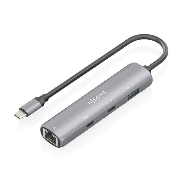 Aisens ASUC-4P040-GR Adattatore di Rete USB-C a Ethernet Gigabit + Hub 2xUSB-C e 1xUSB-A 3.0 - 15cm - Colore Grigio