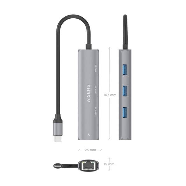 Aisens ASUC-4P040-GR Adattatore di Rete USB-C a Ethernet Gigabit + Hub 2xUSB-C e 1xUSB-A 3.0 - 15cm - Colore Grigio