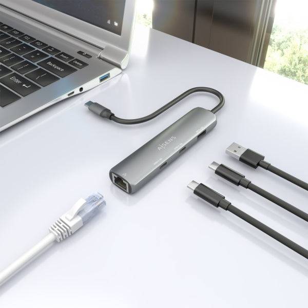 Aisens ASUC-4P040-GR Adattatore di Rete USB-C a Ethernet Gigabit + Hub 2xUSB-C e 1xUSB-A 3.0 - 15cm - Colore Grigio