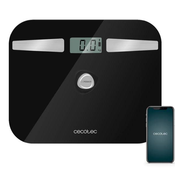 Cecotec Surface Precision 10200 Smart Healthy Black Bilancia Pesapersone fino a 180kg - Energia senza Pile - Bluetooth - 4 Sensori - Cristallo Temperato - Piedini Antiscivolo - Spegnimento Automatico - Colore Nero