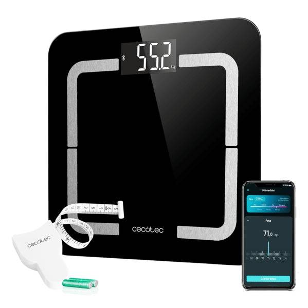 Cecotec Surface Precision Smart Healthy Bilancia Corporale fino a 180kg - 4 Sensori - 10 Parametri - Bluetooth - Vetro Temperato - Funzione Neonato - LCD - Piedi Antiscivolo - 310x310mm - Nero