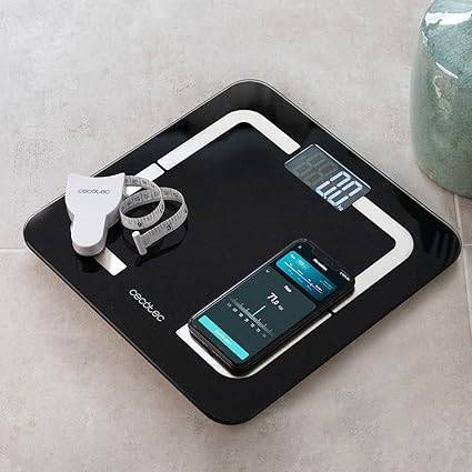 Cecotec Surface Precision Smart Healthy Bilancia Corporale fino a 180kg - 4 Sensori - 10 Parametri - Bluetooth - Vetro Temperato - Funzione Neonato - LCD - Piedi Antiscivolo - 310x310mm - Nero
