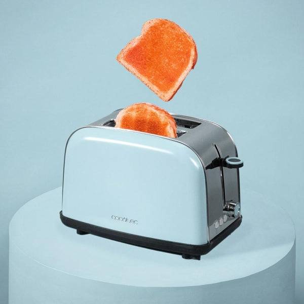 Cecotec Toastin' Time 850 Tostapane Doppia Fessura - 850W - Fessura Larga - Acciaio Inossidabile - Auto-Centrante - Vassoio Raccogli Briciole Estraibile - Colore Azzurro Chiaro