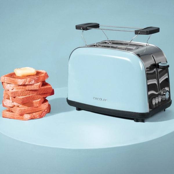 Cecotec Toastin' Time 850 Tostapane Doppia Fessura - 850W - Fessura Larga - Acciaio Inossidabile - Auto-Centrante - Vassoio Raccogli Briciole Estraibile - Colore Azzurro Chiaro