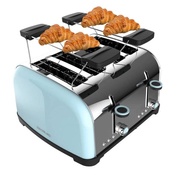 Cecotec Toastin' Time 1700 Double Tostapane 4 Fessure - 1700W - Fessura Larga - Acciaio Inossidabile - Riscalda Panini - Funzioni Ricaldamento e Scongelamento - 7 Livelli Tostatura - Colore Azzurro Chiaro