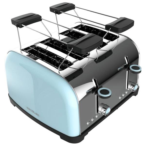 Cecotec Toastin' Time 1700 Double Tostapane 4 Fessure - 1700W - Fessura Larga - Acciaio Inossidabile - Riscalda Panini - Funzioni Ricaldamento e Scongelamento - 7 Livelli Tostatura - Colore Azzurro Chiaro