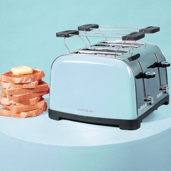 Cecotec Toastin' Time 1700 Double Tostapane 4 Fessure - 1700W - Fessura Larga - Acciaio Inossidabile - Riscalda Panini - Funzioni Ricaldamento e Scongelamento - 7 Livelli Tostatura - Colore Azzurro Chiaro