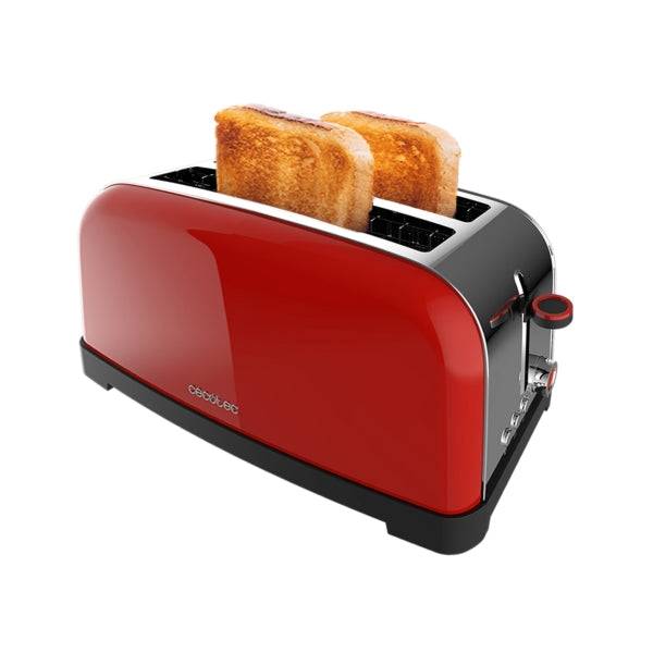 Cecotec Toastin' Time 1500 Tostapane a Doppia Fessura Lunga - 1500W - Fessura Larga fino a 3.8cm - Acciaio Inossidabile - Spegnimento Automatico - Sistema di Autocentraggio - 7 Livelli di Tostatura - Colore Rosso