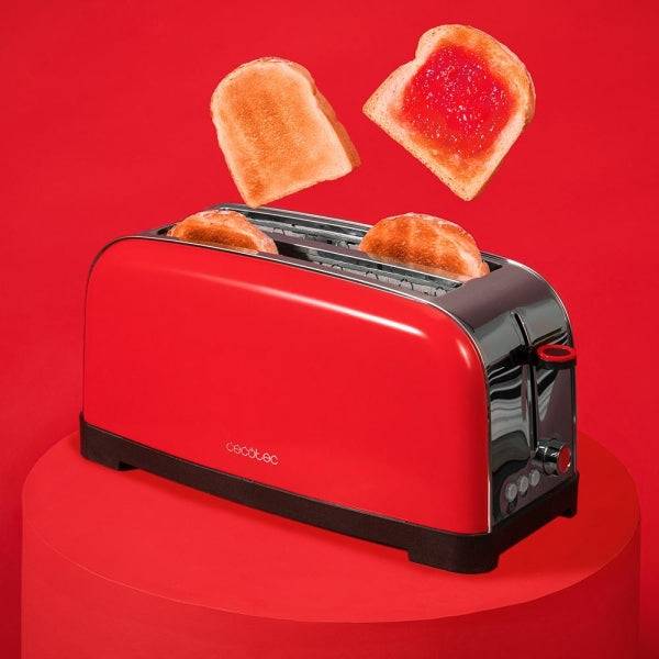 Cecotec Toastin' Time 1500 Tostapane a Doppia Fessura Lunga - 1500W - Fessura Larga fino a 3.8cm - Acciaio Inossidabile - Spegnimento Automatico - Sistema di Autocentraggio - 7 Livelli di Tostatura - Colore Rosso