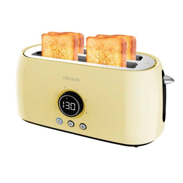 Cecotec ClassicToast 15000 Tostapane a Doppia Fessura Lunga - 1500W - Capacità per 4 Fette - Fessura Larga - 3 Funzioni - Sollevamento Extra - Autocentraggio - Vassoio Raccogli Briciole - Colore Giallo Pastello