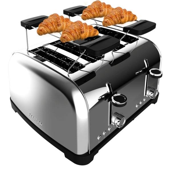 Cecotec Toastin' Time 1700 Double Tostapane a 4 Fessure Larghe - 1700W - Riscalda Panini - Autocentraggio - Vassoio Raccogli Briciole Estraibile - Acciaio Inossidabile