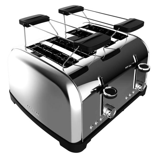 Cecotec Toastin' Time 1700 Double Tostapane a 4 Fessure Larghe - 1700W - Riscalda Panini - Autocentraggio - Vassoio Raccogli Briciole Estraibile - Acciaio Inossidabile