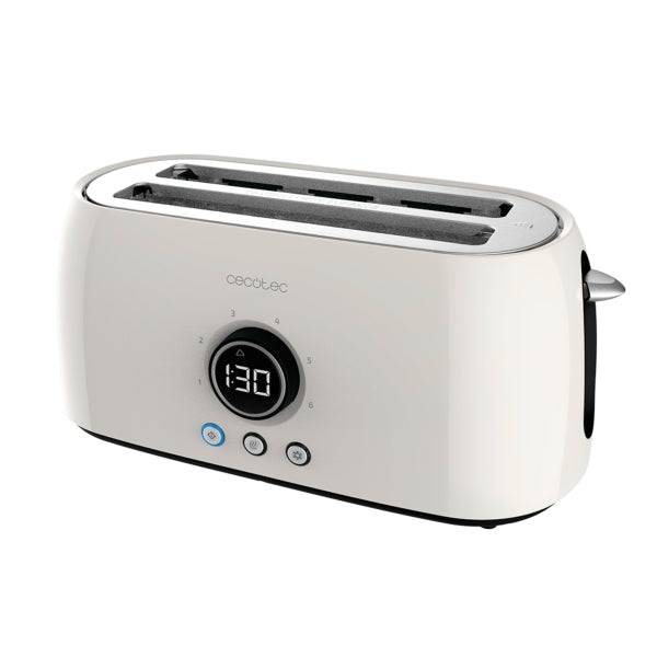 Cecotec ClassicToast 15000 Tostapane a Doppia Fessura Lunga - 1500W - Display Digitale - Fessura Larga - 3 Funzioni - 6 Livelli - Sollevamento Extra - Autocentraggio - Vassoio Raccoglimici - Colore Bianco