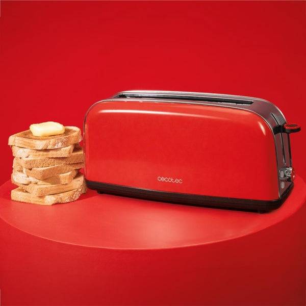 Cecotec Toastin' Time 850 Tostapane a Fessura Lunga - 850W - Fessura Larga - Acciaio Inossidabile - Spegnimento e Pop-Up Automatico - Autocentraggio - 7 Livelli di Tostatura - Colore Rosso