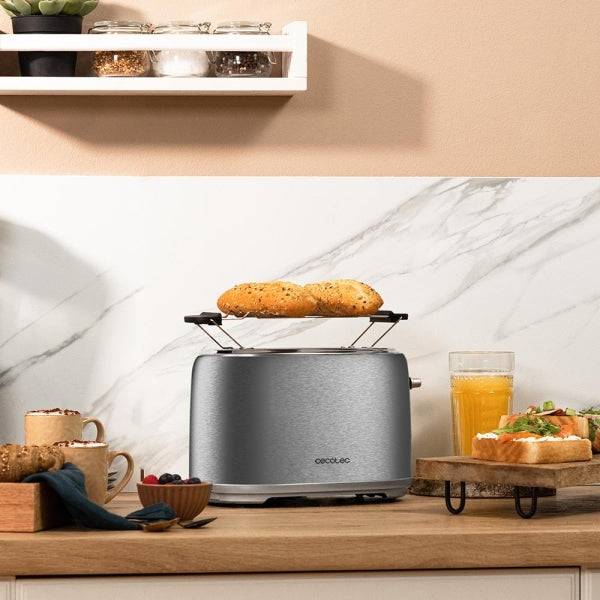 Cecotec Toast and Taste 1000 Retro Double Tostapane a Doppia Fessura - 980W - Fessura Larga fino a 3.8cm - Sistema di Autocentramento - Vassoio Raccoglicbriciole Estraibile - Finitura Acciaio Inossidabile