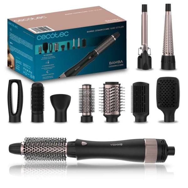 Cecotec Bamba CeramicCare 10in1 Styler Spazzola Lisciante 10 in 1 - Potenza 1500W - Rivestimento Ceramica - Funzione Aria Fredda - Cavo Girevole 360° - Testine Assortite - Nero