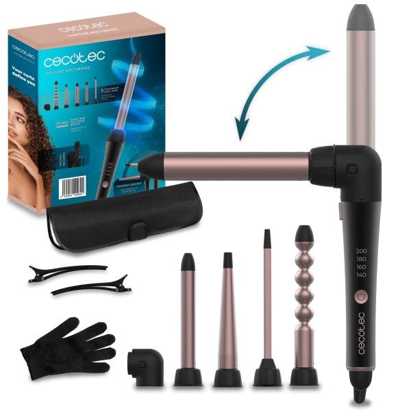 Cecotec SurfCare MultiWaves Arricciacapelli 25mm - Rivestimento Ceramica - Angolo 90° - Guanto e Clip - Testine Assortite - Temperatura 140-200°C - Nero e Rosa