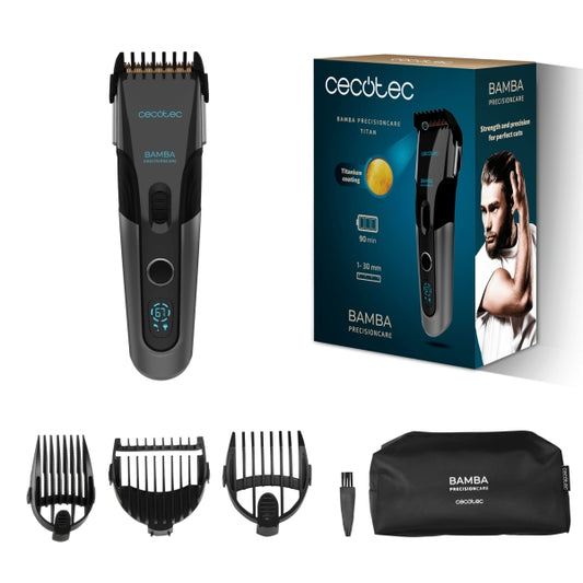 Cecotec Bamba PrecisionCare Titan Tagliacapelli Wireless - Lame in Titanio - Batteria da 90min di Autonomia - 3 Pettini Guida - Uso con e senza Cavo - Blocco di Sicurezza - Colore Nero