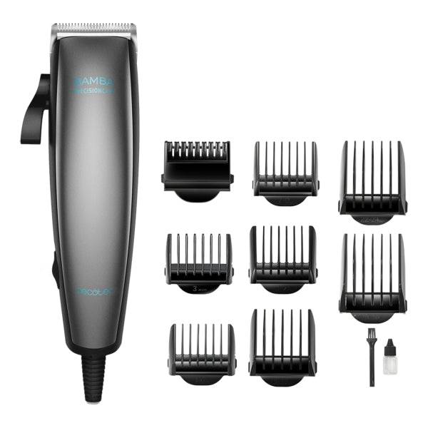 Cecotec Bamba PrecisionCare Power Blade Titanium Tagliacapelli con Cavo - Lame Titanio - Uso Asciutto e Umido - 9 Pettini Guida - Leva Regolazione Regolabile - Lubrificante - Grigio