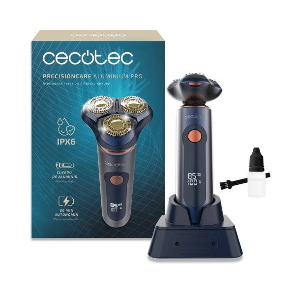 Cecotec PrecisionCare Pro Rasoio Rotativo - Display LCD - Lame di Titanio Doppie - Autonomia 80min - Resistenza IPX6 - Base di Ricarica - Colore Blu Marino