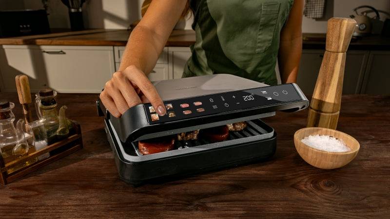 Cecotec Rock'nGrill 2000 PerfectCook Griglia Elettrica con Sonda Temperatura Intelligente - 2000W - Piastre Removibili - Finitura Acciaio Inossidabile - Vaschetta Raccogligrasso - 30x23cm - Colore Nero