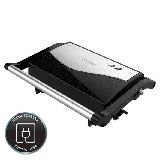 Cecotec Rock'nGrill 750 Full Open Griglia Elettrica - 750W - Apertura 180º - Rivestimento Antiaderente - Piastra Flottante - Indicatore Luminoso - Chiusura Verticale con Pinza - 23x14.5cm - Colore Nero