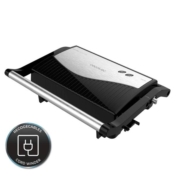 Cecotec Rock'nGrill 750 Full Open Griglia Elettrica - 750W - Apertura 180º - Rivestimento Antiaderente - Piastra Flottante - Indicatore Luminoso - Chiusura Verticale con Pinza - 23x14.5cm - Colore Nero