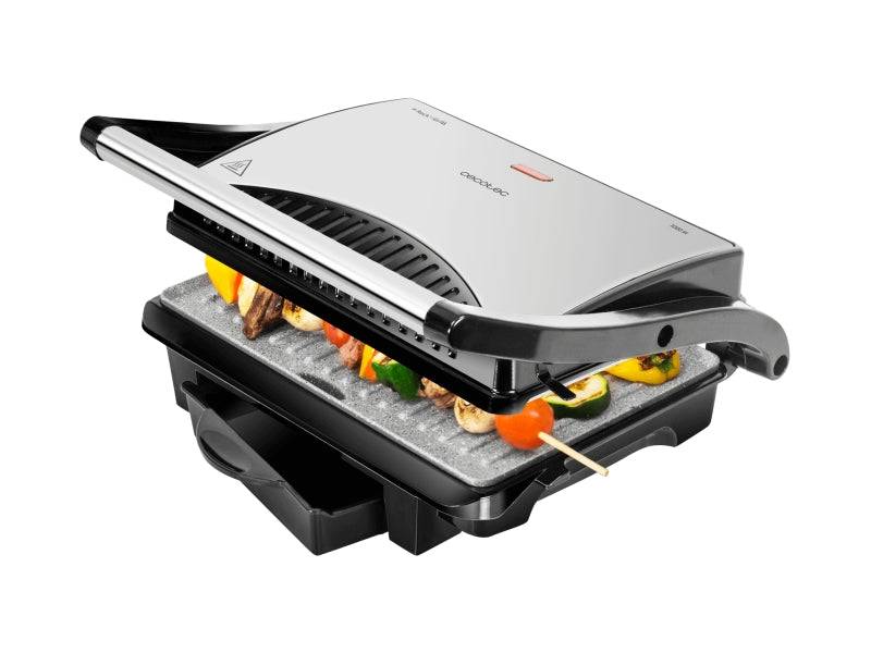 Cecotec Rock'nGrill 1000 Piastra Grill Elettrica - 1000W - Antiaderente - Piastra Flottante Regolabile - Vassoio Raccogli Grasso - Maniglia Touch Cool - Conservazione Verticale - 25.5x29.5cm - Acciaio Inossidabile