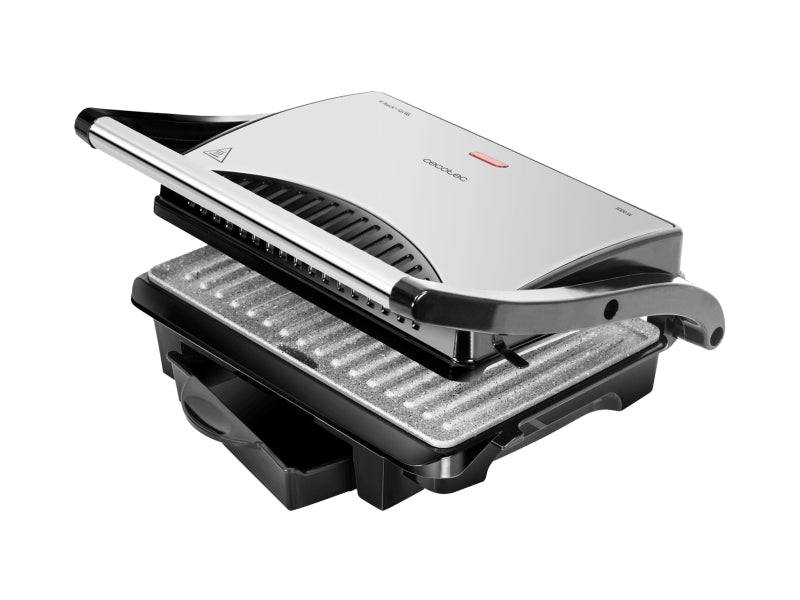 Cecotec Rock'nGrill 1000 Piastra Grill Elettrica - 1000W - Antiaderente - Piastra Flottante Regolabile - Vassoio Raccogli Grasso - Maniglia Touch Cool - Conservazione Verticale - 25.5x29.5cm - Acciaio Inossidabile