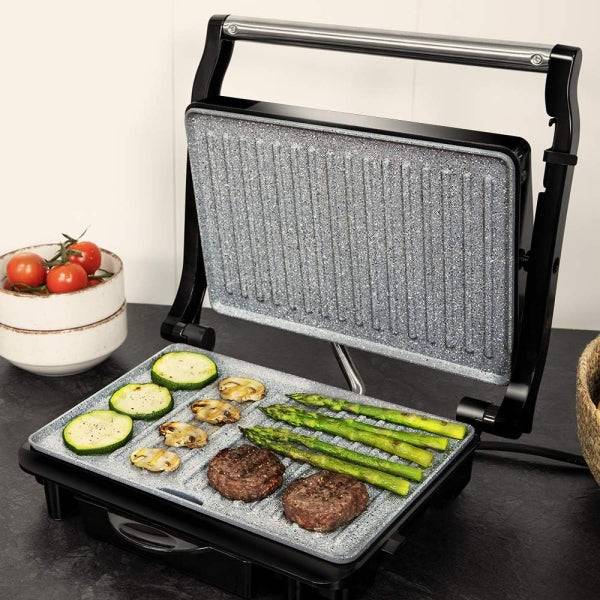 Cecotec Rock'nGrill 1500 Rapid Piastra Grill Elettrica - Potenza 1500W - Rivestimento Antiaderente - Vassoio Raccogli Grasso - Piastra Superiore Regolabile - 24.5x17.3cm - Acciaio Inossidabile