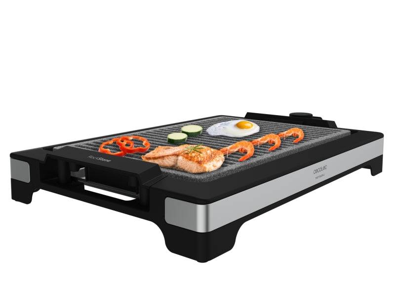 Cecotec Tasty and Grill 2000 Inox LineStone Piastra Elettrica - 2000W - Finiture Acciaio Inossidabile - Antiaderente - Termostato - Adatta alla Lavastoviglie - Vassoio Raccogligrasso - 37.5x24.5cm - Colore Nero