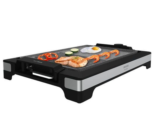 Cecotec Tasty and Grill 2000 Inox MixStone Piastra Elettrica - 2000W - Antiaderente - Termostato Regolabile - Finitura in Acciaio Inossidabile - Vassoio Raccogligrasso - 37,5x24,5cm - Colore Nero