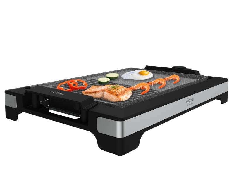 Cecotec Tasty and Grill 2000 Inox MixStone Piastra Elettrica - 2000W - Antiaderente - Termostato Regolabile - Finitura in Acciaio Inossidabile - Vassoio Raccogligrasso - 37,5x24,5cm - Colore Nero
