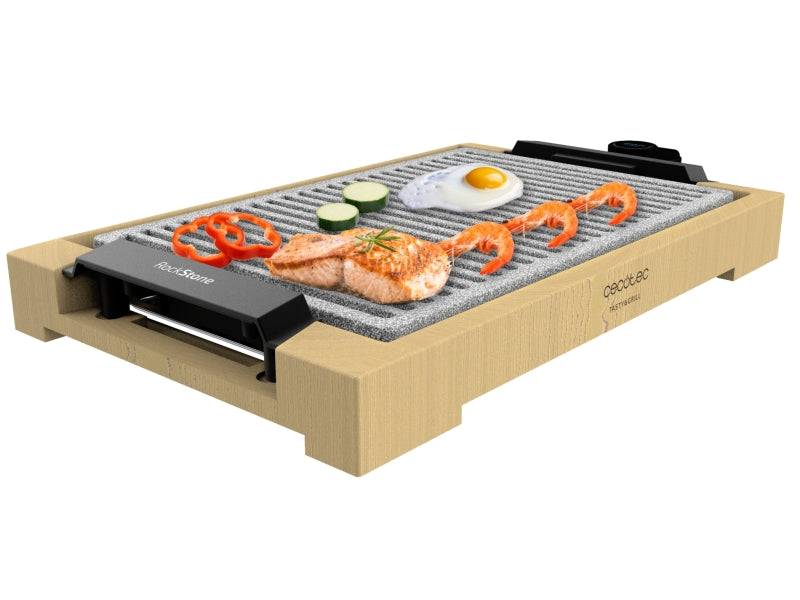 Cecotec Tasty and Grill 2000 Bamboo LineStone Piastra Elettrica - 2000W - Antiaderente - Struttura Bambù - Termostato Regolabile - Adatta alla Lavastoviglie - Spatola - 37.5x24.5cm - Colore Legno Chiaro