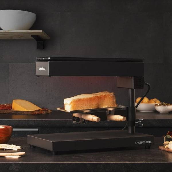 Cecotec Cheese and Grill 6000 Pro Raclette con Funzione Grill - 600W - Acciaio Inossidabile Durevole - Spatole in Legno - Termostato - Griglia Antiaderente - Maniglia Reclinabile - Compatto - Colore Nero