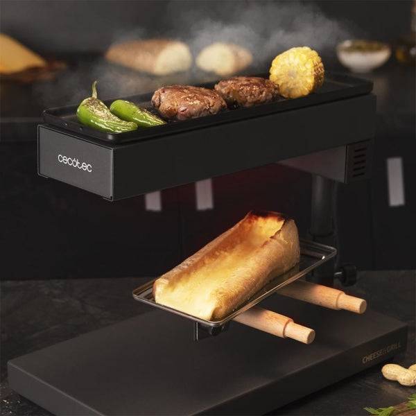 Cecotec Cheese and Grill 6000 Pro Raclette con Funzione Grill - 600W - Acciaio Inossidabile Durevole - Spatole in Legno - Termostato - Griglia Antiaderente - Maniglia Reclinabile - Compatto - Colore Nero