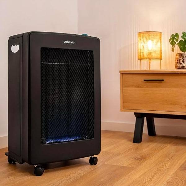 Cecotec ReadyWarm 4200 BlueFlame Stufa a Gas Pieghevole - 4.2kW - Fiamma Blu - Potenza Regolabile - Accensione Piezoelettrica - Ruote Multidirezionali - Sicurezza Avanzata - Colore Nero