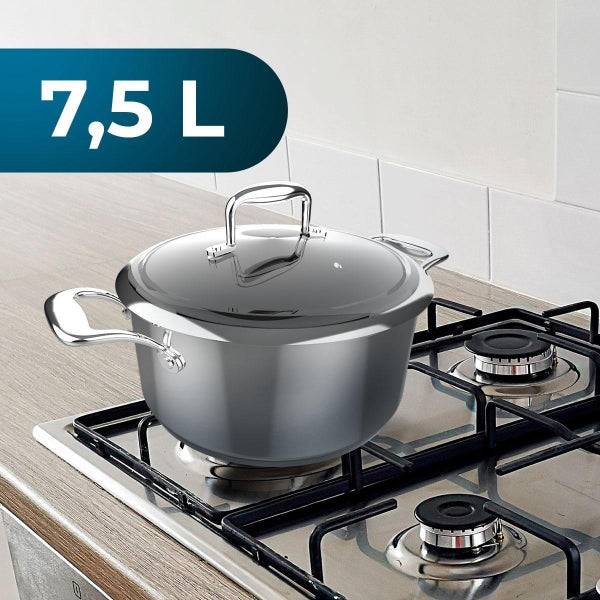 Cecotec Polka Classy Pentola 28cm di Diametro - Capacità 7,5L - Acciaio Inossidabile 18/10 - Maniglie Rivettate - Coperchio Vetro e Acciaio - Rivestimento Antiaderente - Compatibile con Induzione