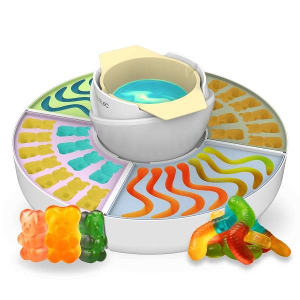 Cecotec Fun and Sugar Gummy Macchina per Fare Caramelle - Potenza 40W - Fonduta di Cioccolato - Include 4 Stampi in Silicone - Vassoi Smontabili - Facile da Pulire - Colore Bianco