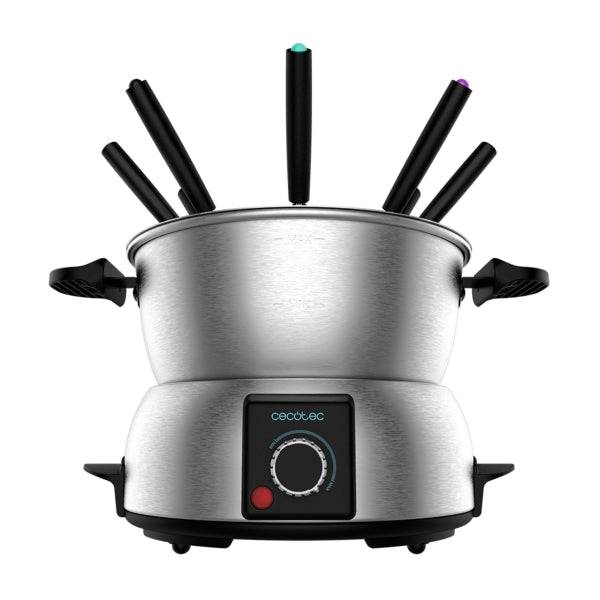 Cecotec Fun GourmetFondue Fonduta Elettrica - Potenza 1000W - Acciaio Inossidabile - Termostato Regolabile - Coperchio Antischizzo - Include 8 Forchette - Adatta alla Lavastoviglie