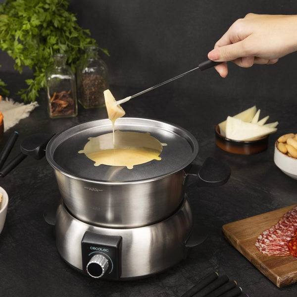 Cecotec Fun GourmetFondue Fonduta Elettrica - Potenza 1000W - Acciaio Inossidabile - Termostato Regolabile - Coperchio Antischizzo - Include 8 Forchette - Adatta alla Lavastoviglie