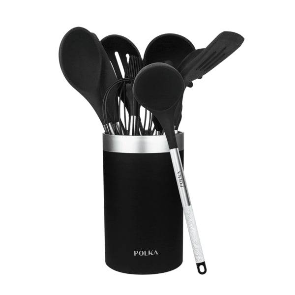 Cecotec Polka Exclusive Wood and Rock Pack 9 Utensili da Cucina - Include Supporto - Materiali Silicone e Acciaio - Resistente fino a 220°C - Senza BPA - Silicone Antiaderente - Colore Nero