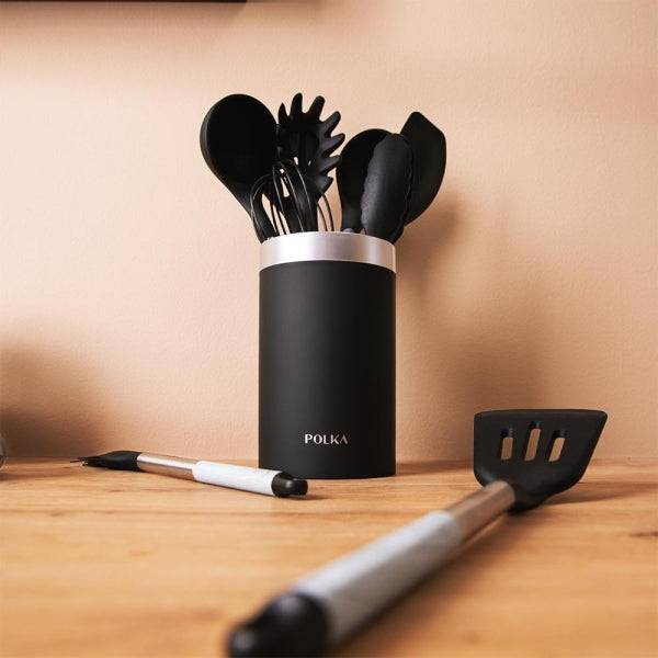 Cecotec Polka Exclusive Wood and Rock Pack 9 Utensili da Cucina - Include Supporto - Materiali Silicone e Acciaio - Resistente fino a 220°C - Senza BPA - Silicone Antiaderente - Colore Nero