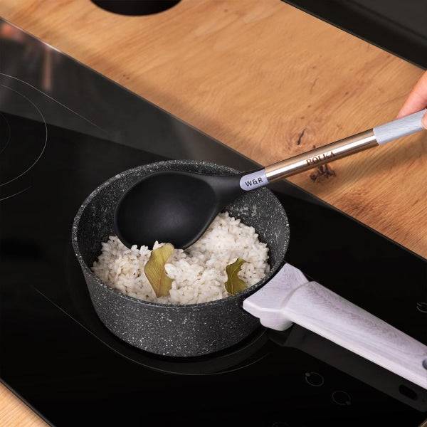 Cecotec Polka Exclusive Wood and Rock Pack 9 Utensili da Cucina - Include Supporto - Materiali Silicone e Acciaio - Resistente fino a 220°C - Senza BPA - Silicone Antiaderente - Colore Nero