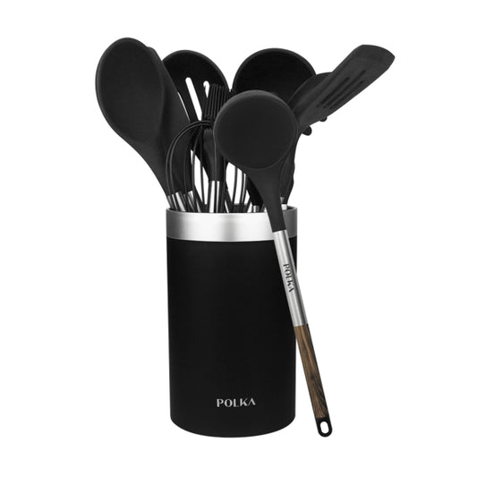 Cecotec Polka Excellence Force Pack 9 Utensili da Cucina - Manico Effetto Legno - Silicone Antiaderente - Resistente fino a 220°C - Senza BPA - Include Supporto - Facile da Pulire - Colore Nero
